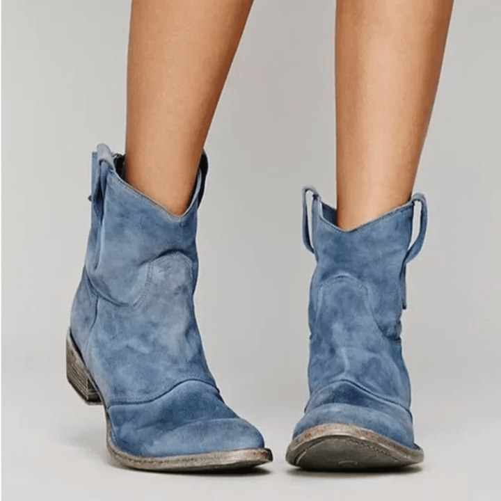 Charlotte Bennett and Lowe comfort suede ankle boots with rounded toe and low heel, stylish and versatile footwear.
