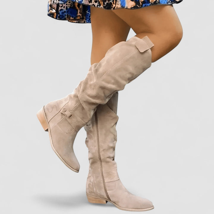 Nora knee-high suede boot for women by Bennett and Lowe, showcasing orthopedic design with a sleek, stylish silhouette