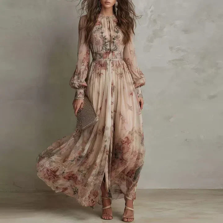 Vintage floral high-neck maxi dress for women by Bennett and Lowe, featuring a flowy silhouette and elegant floral pattern.