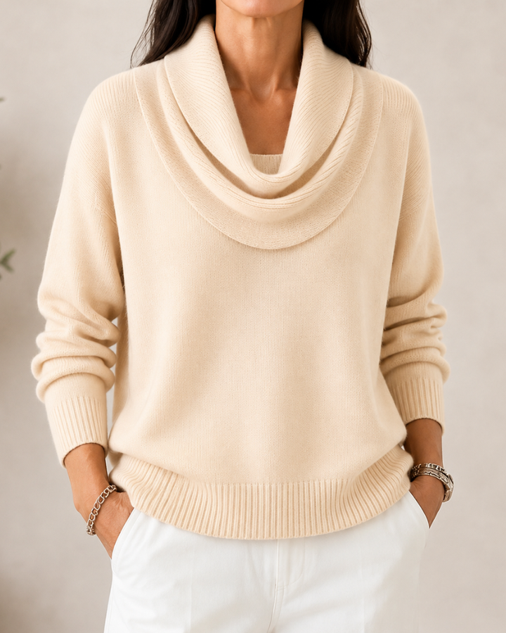 Bennett and Lowe soft cowl neck jumper in cozy fabric, featuring a relaxed fit and draped cowl neckline.