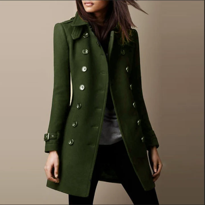 Longline trench coat by Bennett and Lowe featuring classic design, double-breasted style, and belt waist in neutral fabric.