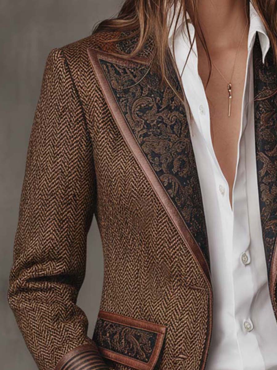 Bennett and Lowe Frances herringbone panel blazer with long sleeves, tailored fit, and classic herringbone pattern.