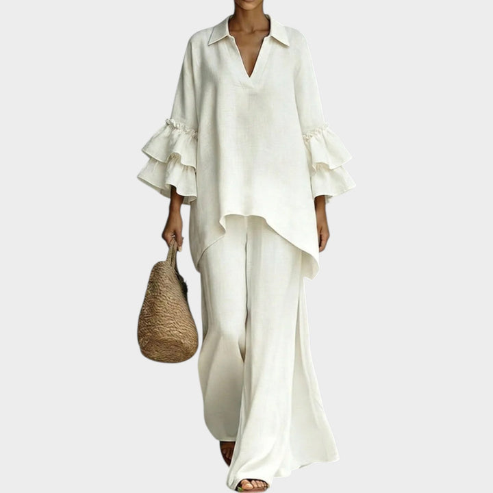 Ariela two-piece set for women featuring an oversized top and wide-leg pants in a neutral fabric, styled on a model.