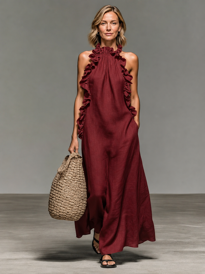 Emma soft ruffle maxi dress by Bennett and Lowe, flowing fabric with ruffle details, elegant and comfortable for special occasions.