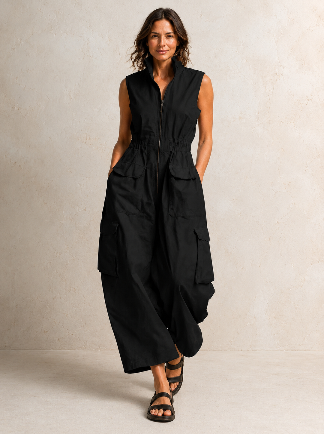 Bennett and Lowe Ursula utility cargo jumpsuit with multiple pockets, fitted waist, and durable fabric in a neutral color.