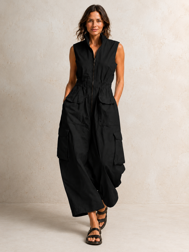 Bennett and Lowe Ursula utility cargo jumpsuit with multiple pockets, fitted waist, and durable fabric in a neutral color.