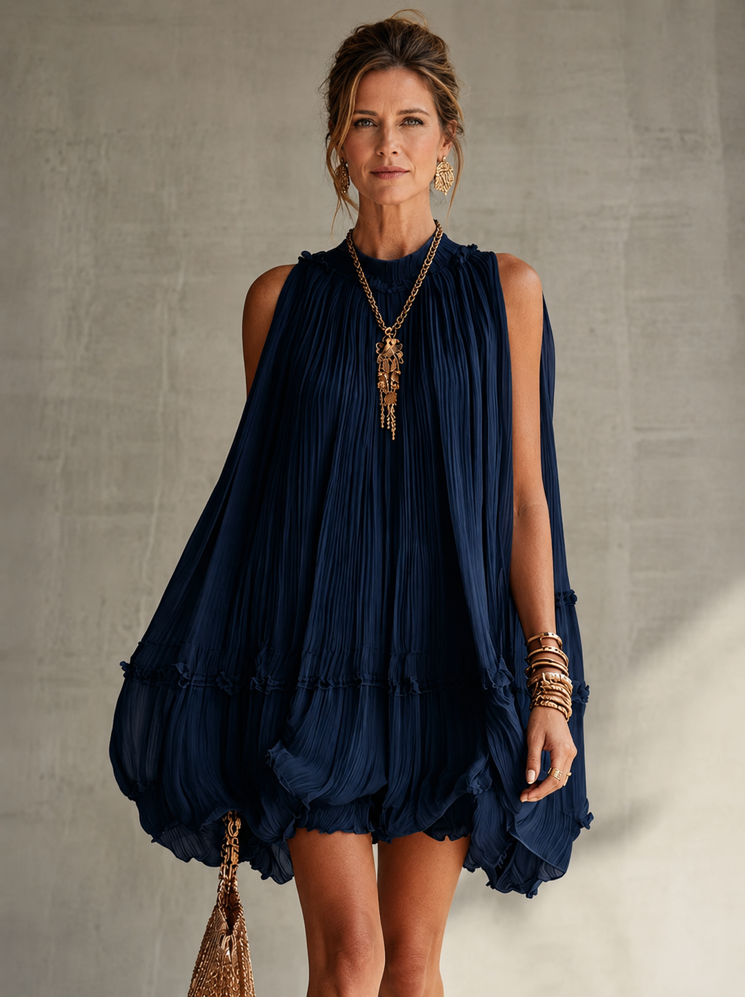 Bennett and Lowe Camilla chiffon halter mini dress displayed on a hanger with flowing fabric and elegant design details