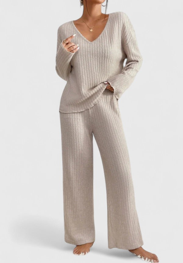 Bennett and Lowe Addison women's two-piece knit sweater and wide-leg pants set, featuring a V-neck top and relaxed fit bottoms.