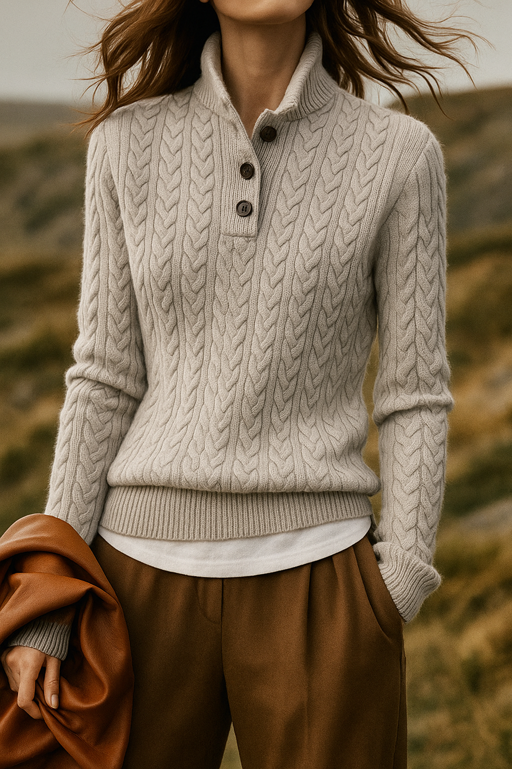 Brooke | Cable Pattern Button Neck Sweater