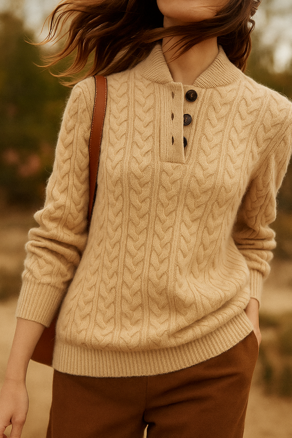 Brooke | Cable Pattern Button Neck Sweater