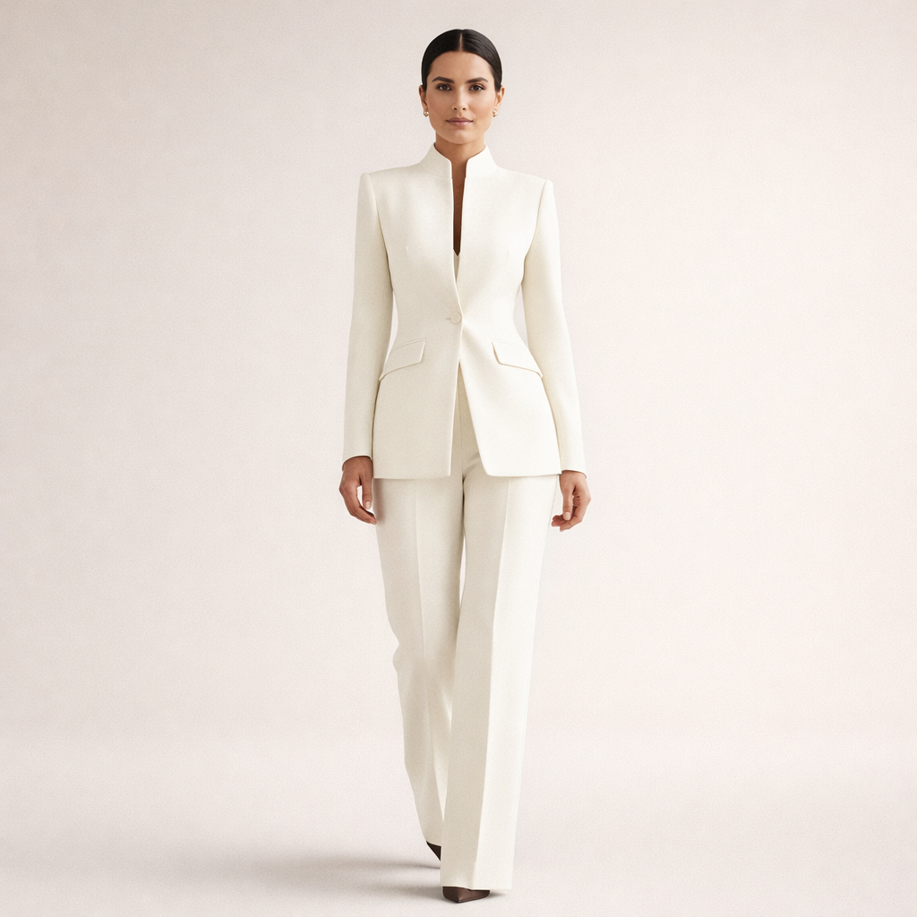 Nancy two-piece blazer and straight-leg pants set for women by Bennett and Lowe, featuring a collarless blazer and tailored pants.