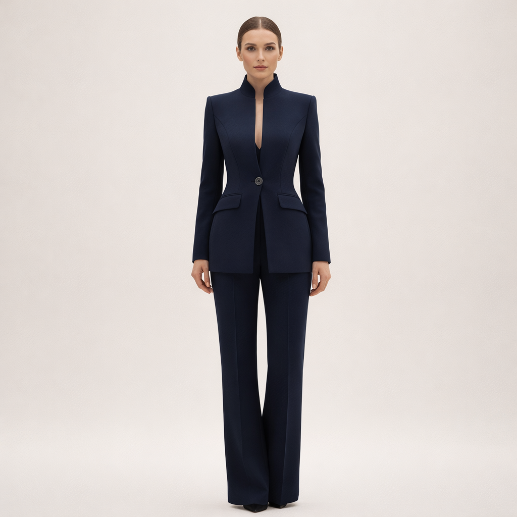 Nancy collarless blazer and straight-leg pants two-piece set for women by Bennett and Lowe, styled together in a modern, sophisticated look.