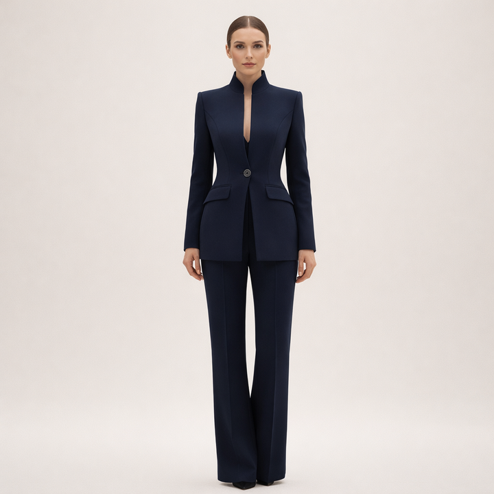 Nancy collarless blazer and straight-leg pants two-piece set for women by Bennett and Lowe, styled together in a modern, sophisticated look.
