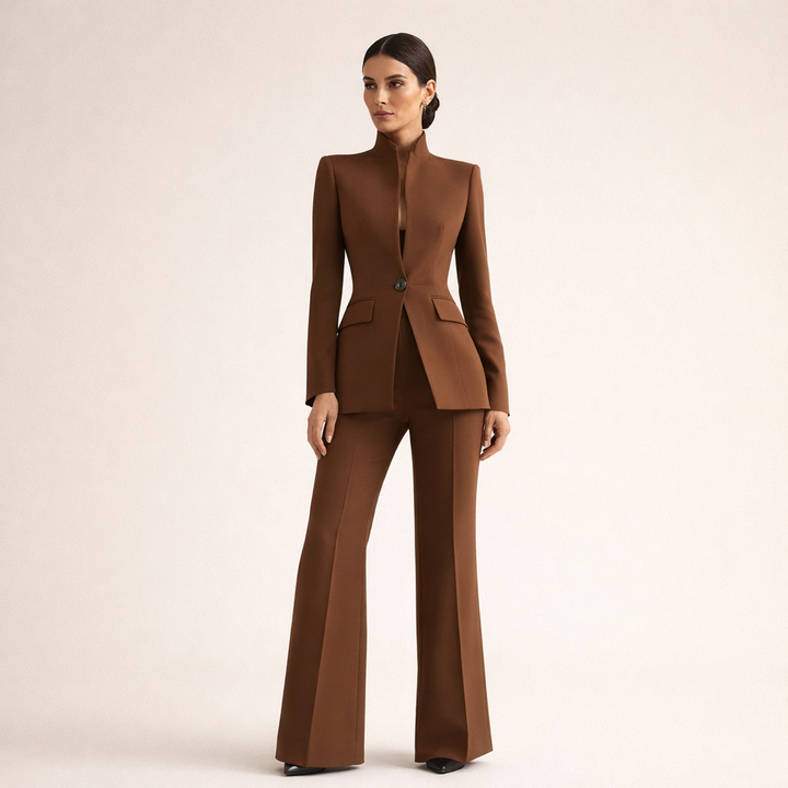 Nancy two-piece set by Bennett and Lowe featuring a collarless blazer and straight-leg pants in elegant brown fabric.