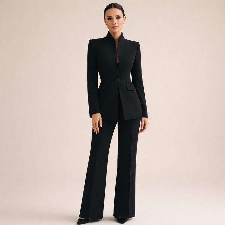 Nancy two-piece blazer and straight-leg pants set for women by Bennett and Lowe, collarless blazer with matching tailored pants.