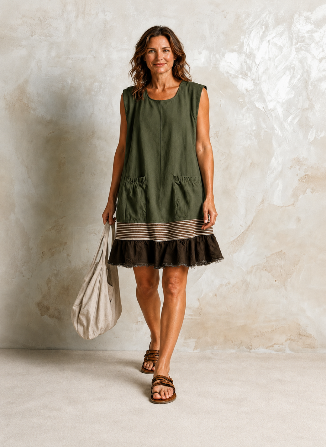 Hazel Bennett and Lowe ruffle hem tunic dress, featuring a flowy design and stylish ruffled hem, displayed on a neutral background.