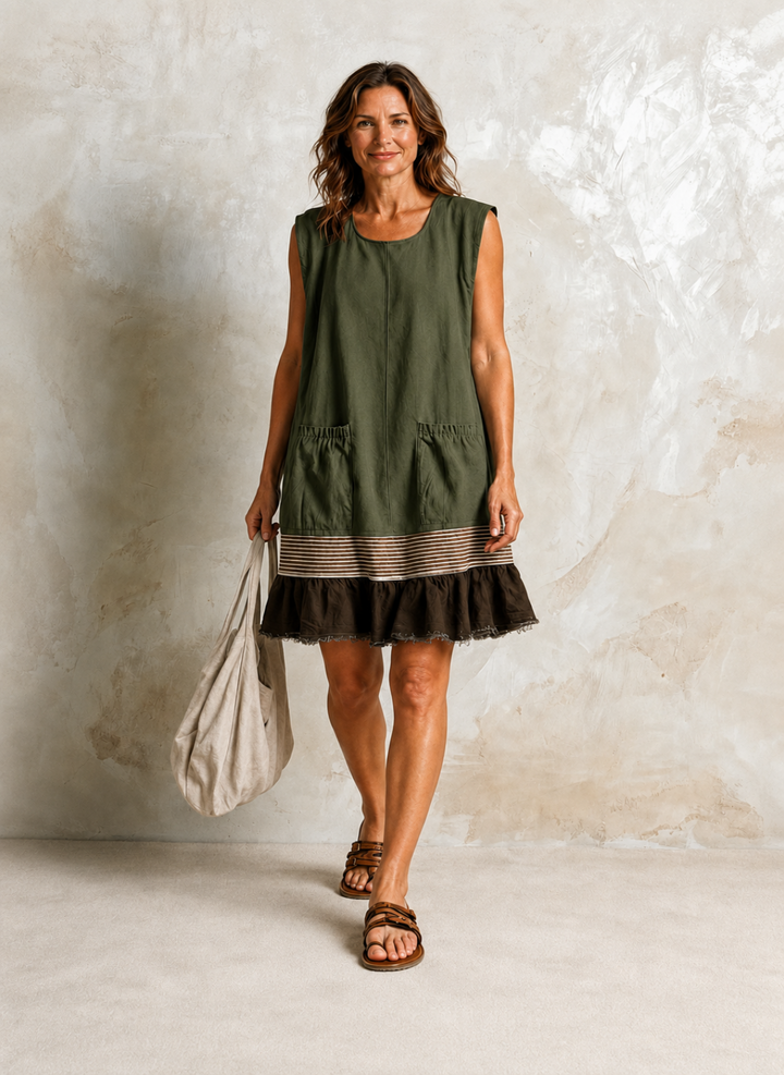 Hazel Bennett and Lowe ruffle hem tunic dress, featuring a flowy design and stylish ruffled hem, displayed on a neutral background.