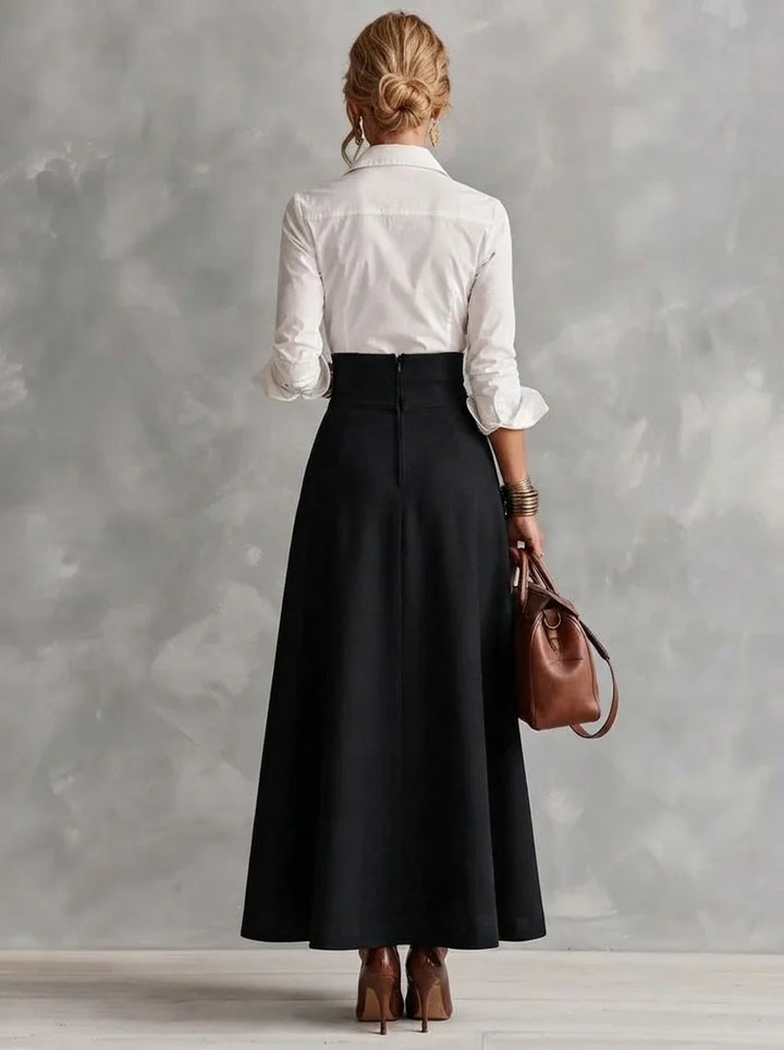 Rosalind collared shirt and button maxi skirt set by Bennett and Lowe, featuring a stylish coordinated outfit on a mannequin.