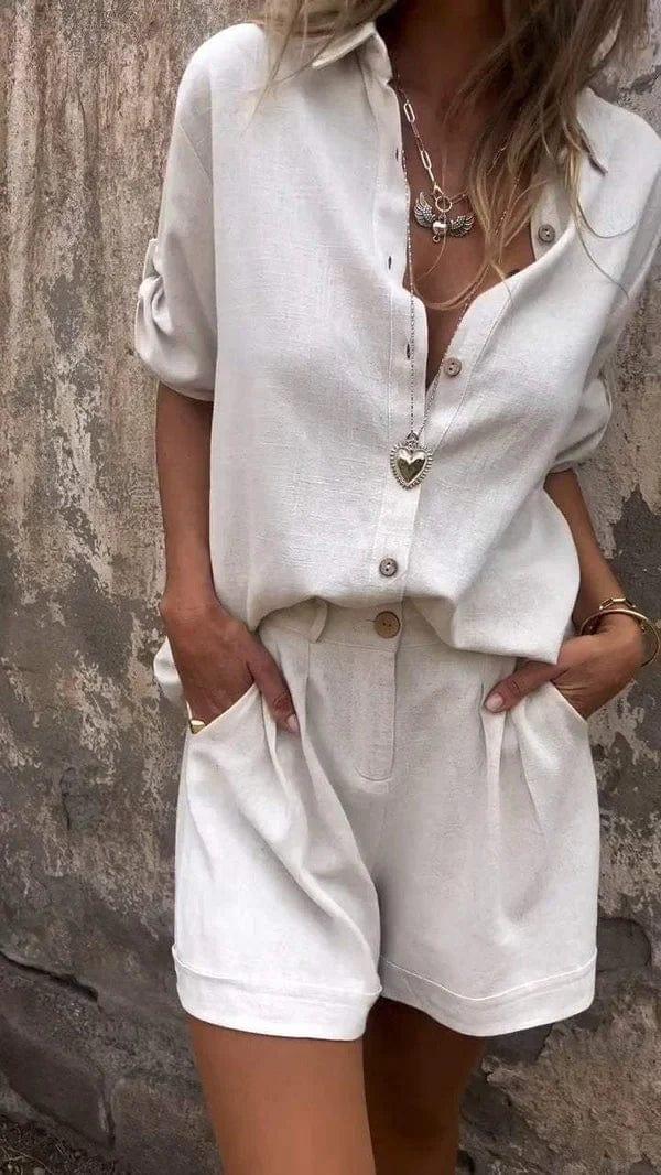 Shannon relaxed two-piece pants set by Bennett and Lowe, featuring a casual suit with matching top and trousers in soft fabric.