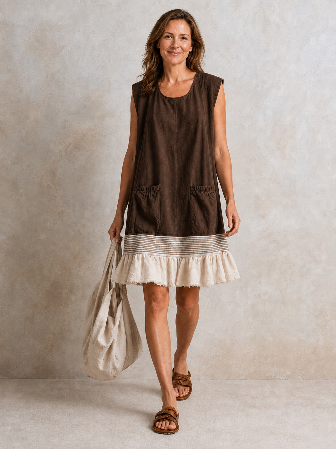 Hazel Ruffle Hem Tunic Dress by Bennett and Lowe, featuring a flowy silhouette and stylish ruffle details, shown on a model.