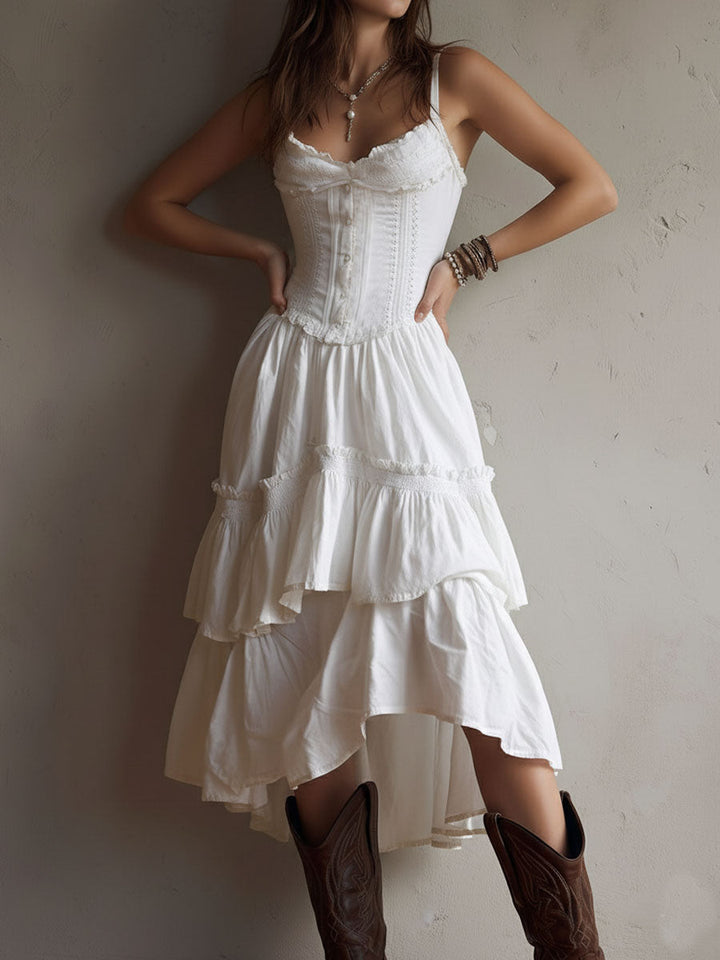 Olivia Newyork Marisol Corset Tiered Lace-Trim Midi Dress by Country Muse, featuring lace details and a fitted waist.