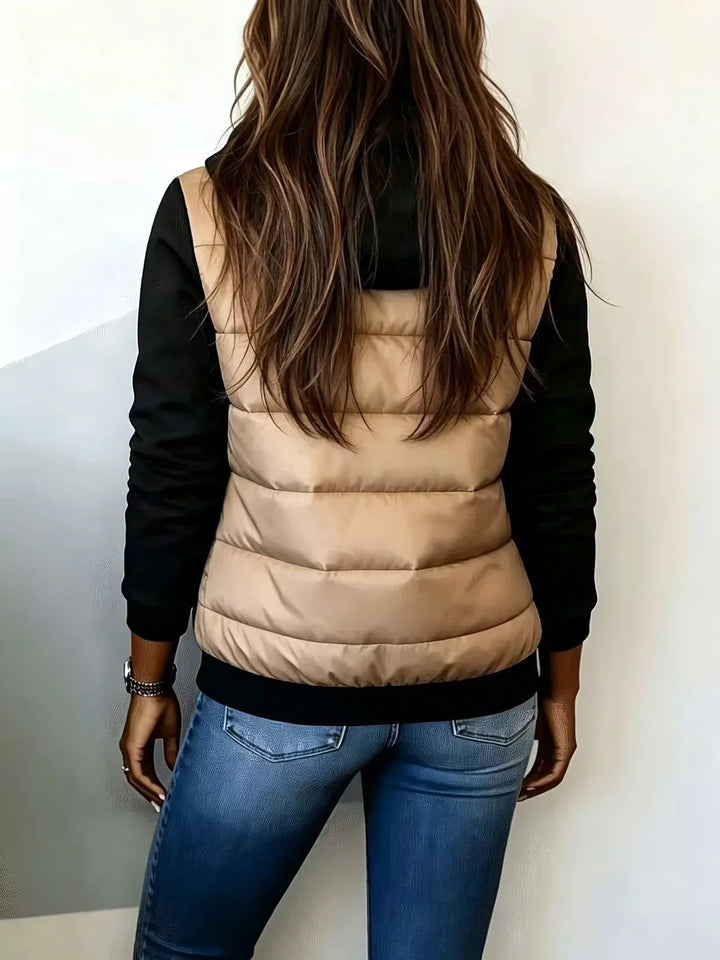 Bennett and Lowe Kinsley hooded color-block puffer jacket with quilted panels and zip front