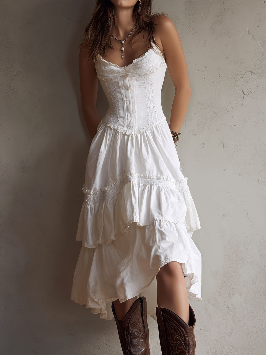 Olivia Newyork Country Muse Marisol corset tiered lace-trim midi dress displayed on a model with floral backdrop.