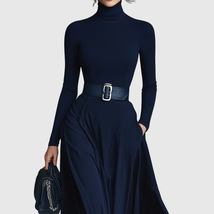 Cortliss | High-Neck Belted Long-Sleeve A-Line Maxi Dress for Women