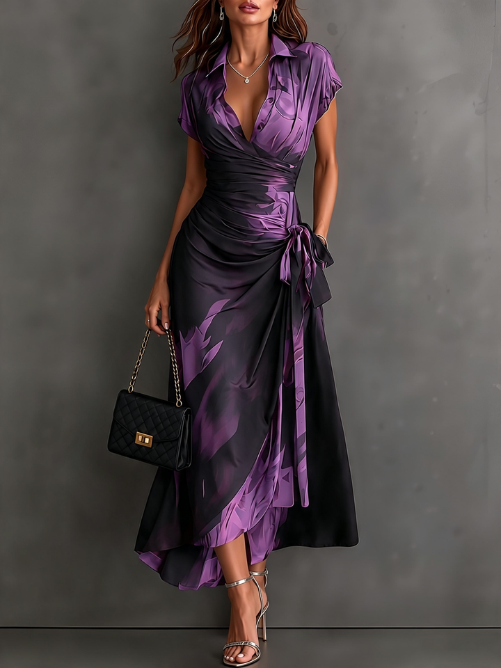 Purple abstract print midi wrap dress by Bennett & Lowe, featuring a flattering silhouette and vibrant pattern.
