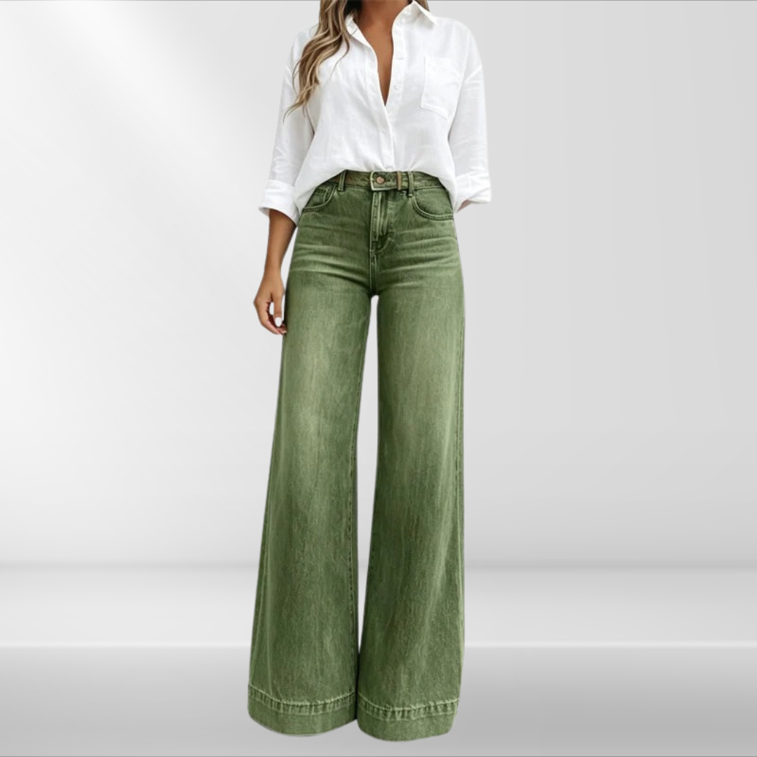 Bennett and Lowe Hannah high-waist vintage-wash wide-leg jeans for women, displayed on a model highlighting the relaxed fit and denim texture.