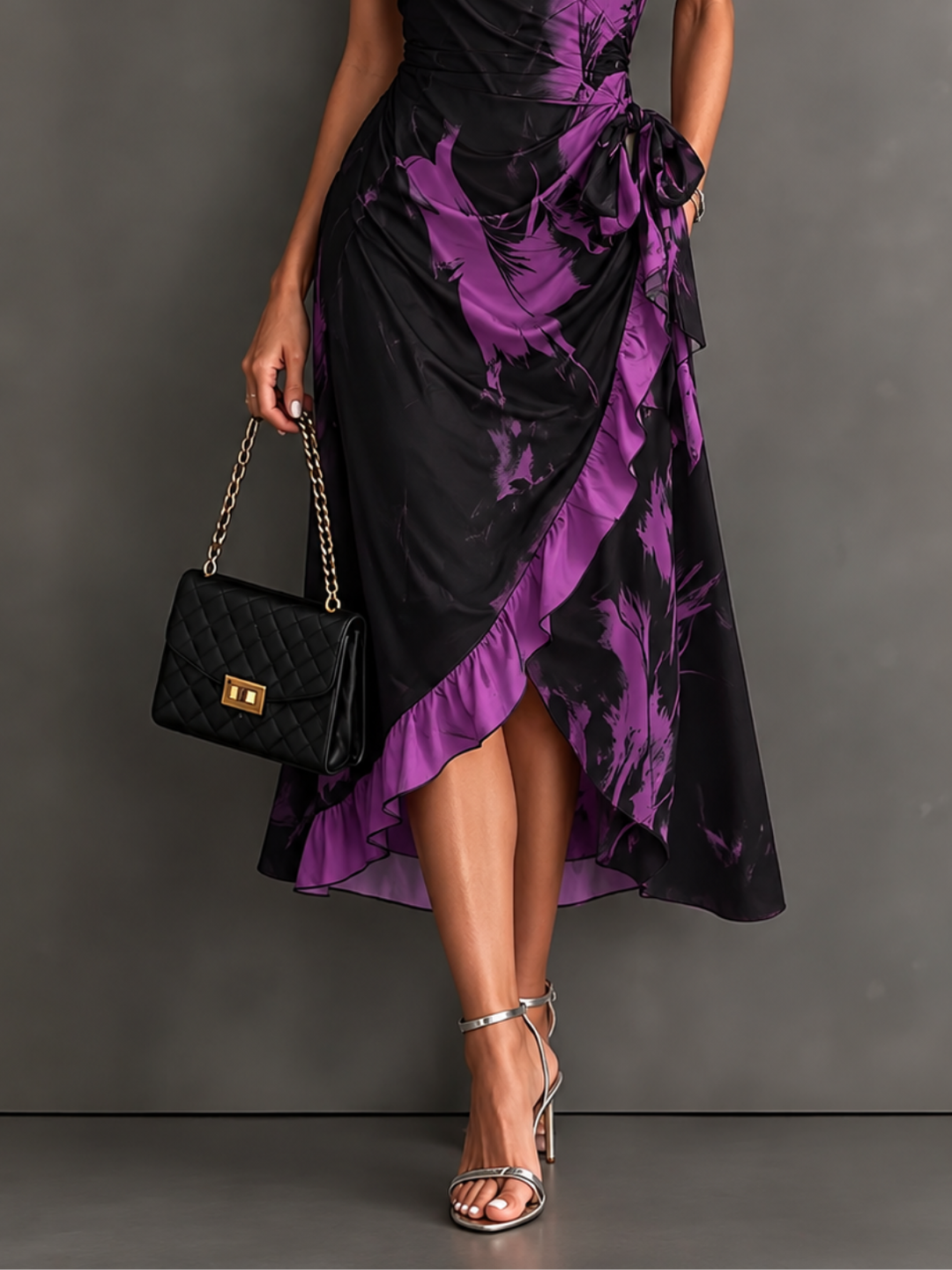Bennett & Lowe Elisa purple abstract print midi wrap dress with a flattering wrap silhouette