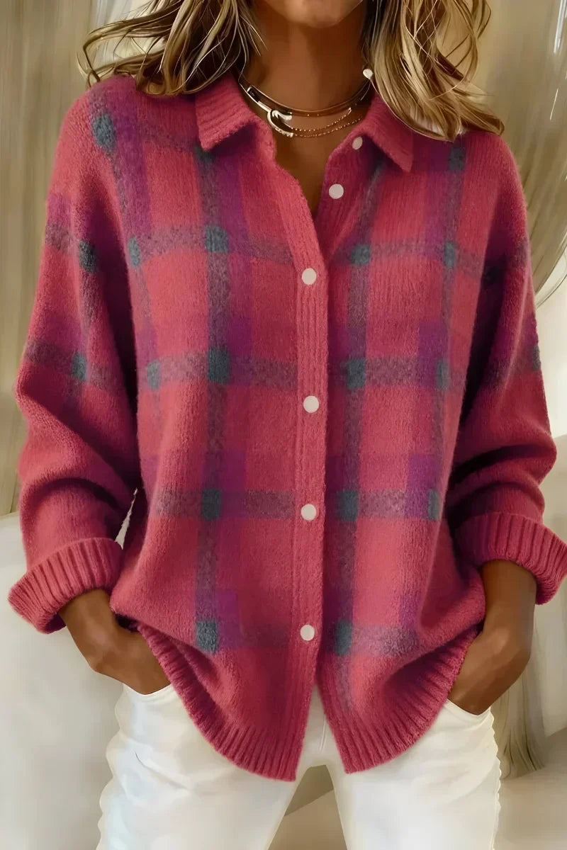 Ashley Bennett and Lowe women's plaid cardigan with a collar, featuring a classic red and black checkered pattern.