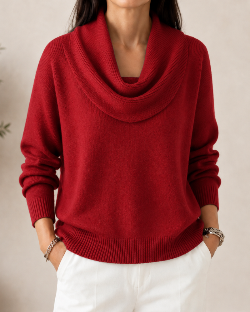 Bennett and Lowe soft cowl neck jumper in cozy knit fabric, shown in a neutral color with a relaxed fit and draped cowl neckline.