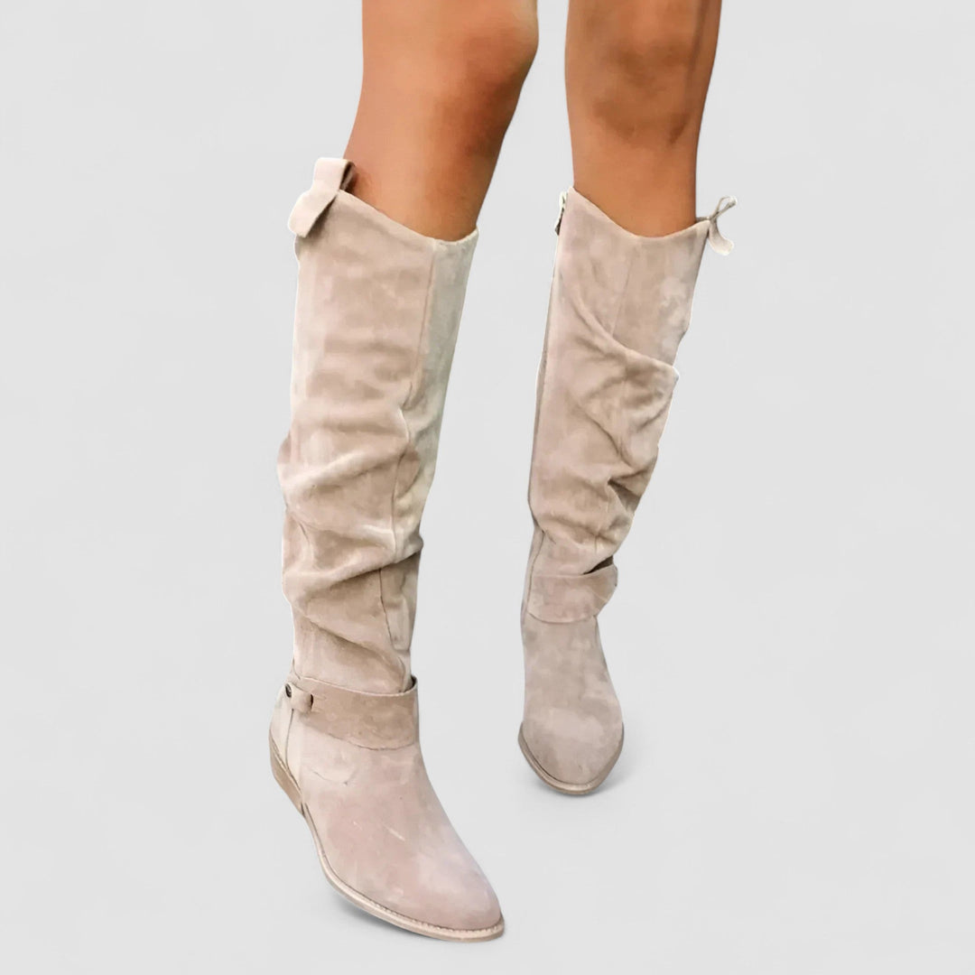 Nora knee-high suede orthopedic boots for women by Bennett and Lowe, featuring a sleek design and sturdy sole.