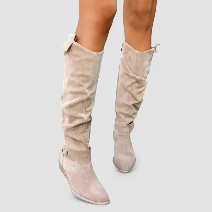 Nora knee-high suede orthopedic boots for women by Bennett and Lowe, featuring a sleek design and sturdy sole.