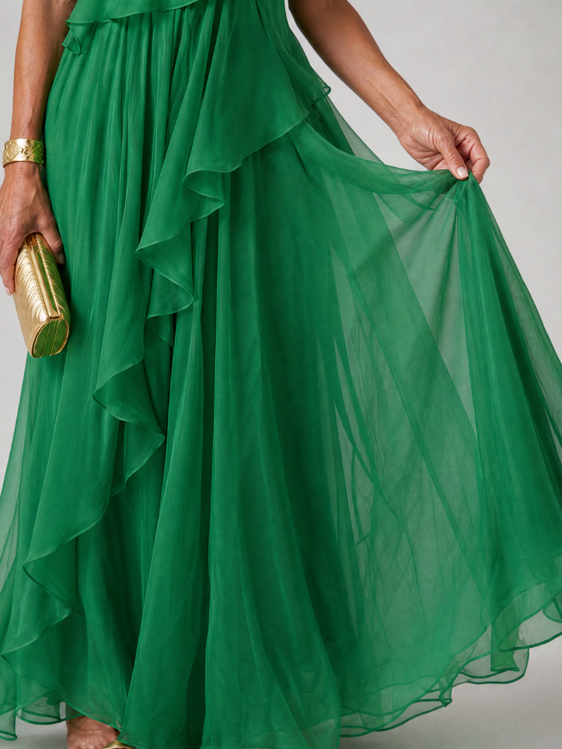 Elegant Tracey one-shoulder ruffle maxi dress by Bennett and Lowe, flowing fabric with stylish shoulder detail.