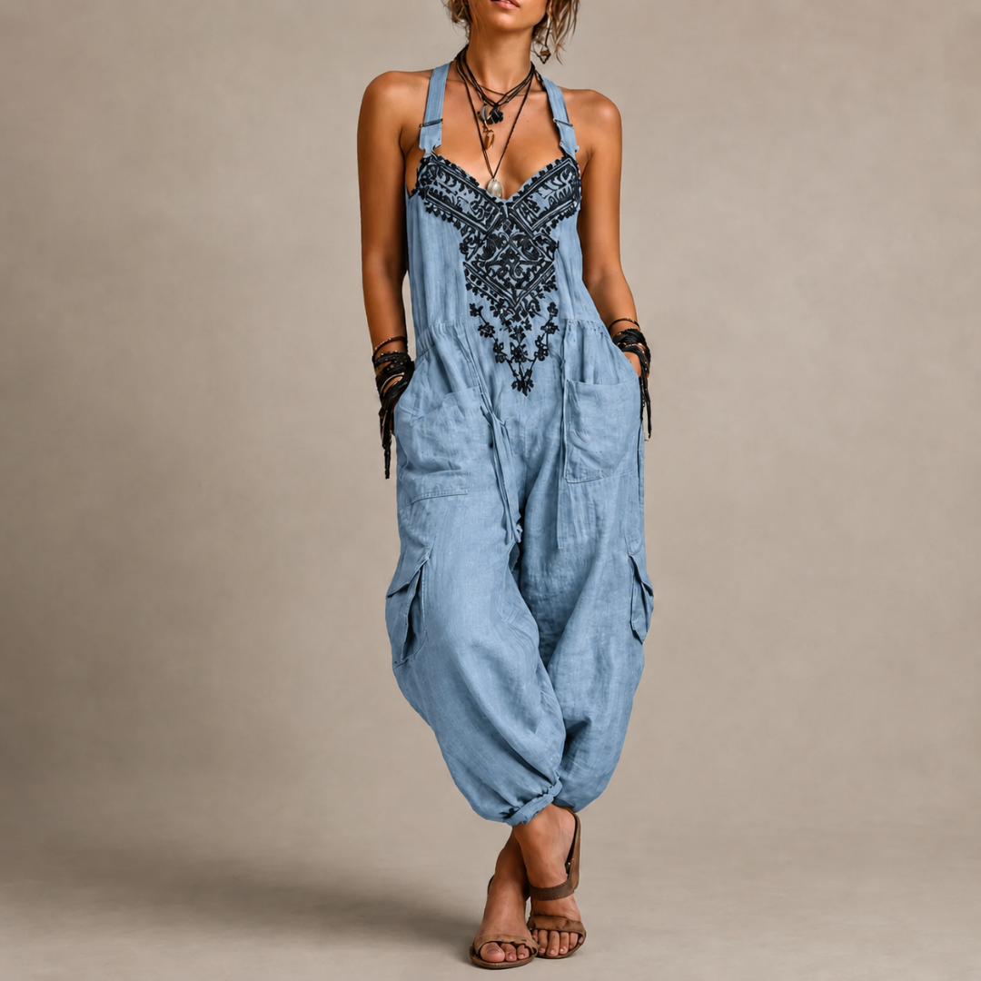 Astrid women's cooling jumpsuit by Bennett and Lowe, lightweight and breathable, shown in a relaxed fit on a model.