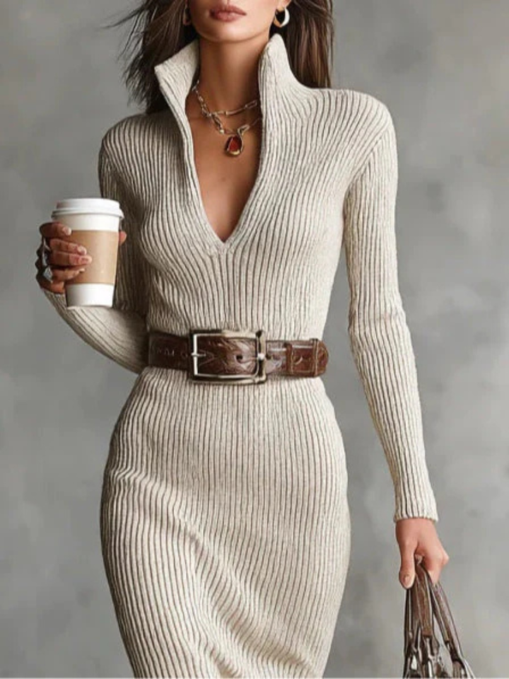 Ammina | Ribbed Knit V-Neck Belted Midi Dress for Women