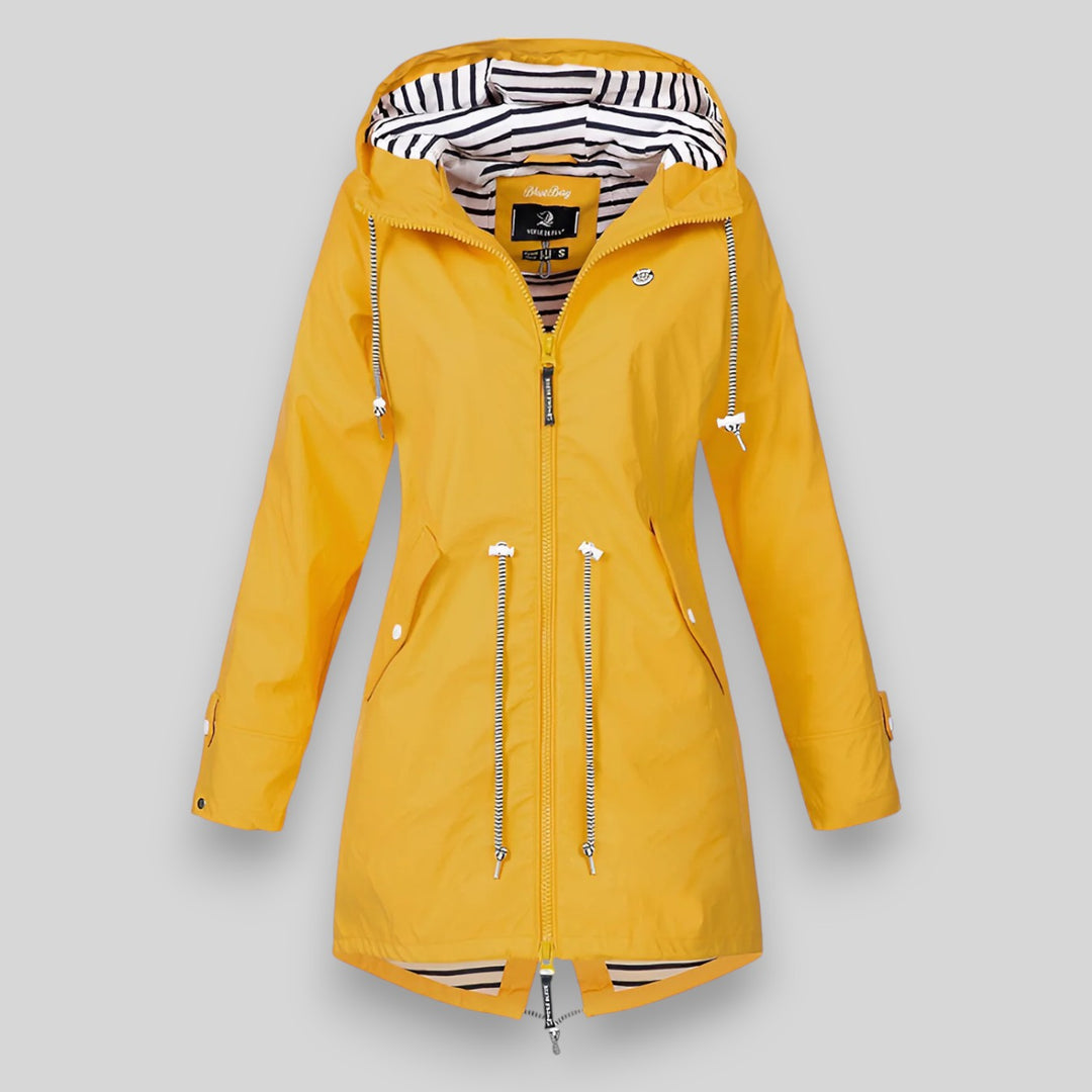 Bennett & Lowe Hollis waterproof rain jacket in black, shown hanging on a hanger with a hood and front zipper.