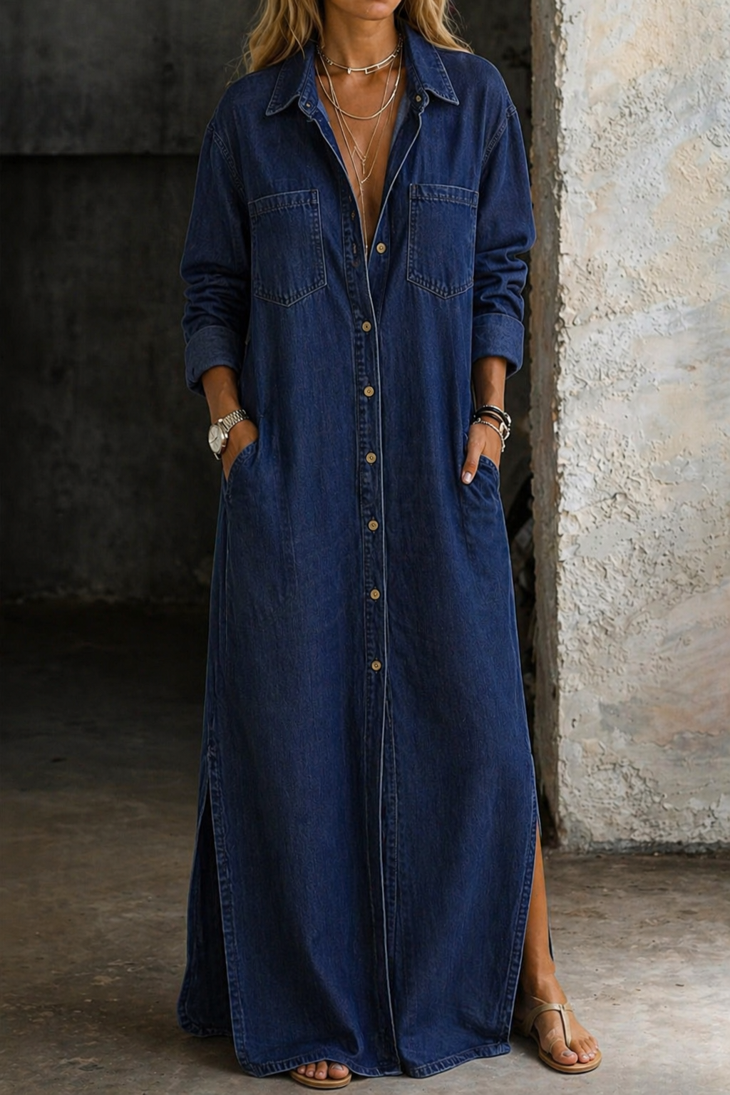 Delia | Button-Front Maxi Shirt Dress