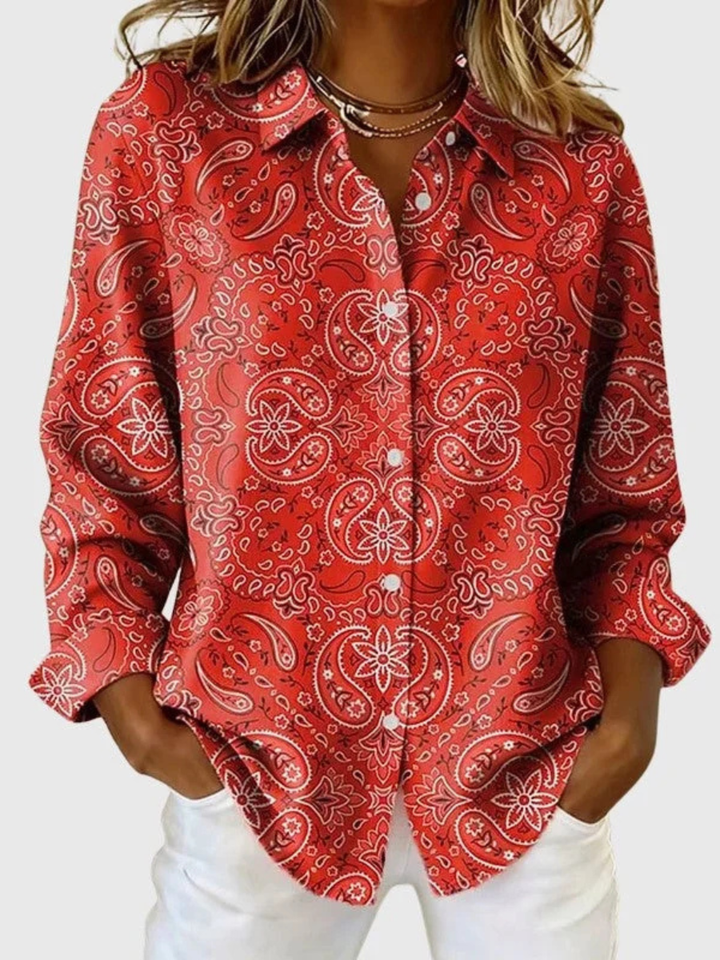 Joanna Bennett and Lowe paisley print women's button-up blouse with long sleeves and collar, featuring vibrant pattern details.