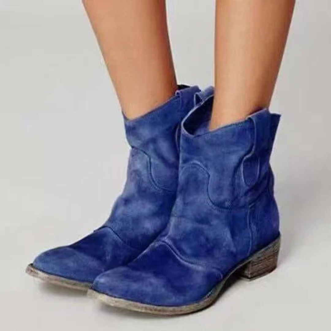 Bennett and Lowe Charlotte Comfort Suede Ankle Boots with rounded toe and low heel, in tan color, on a white background.