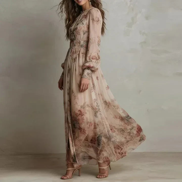 Vintage floral high-neck maxi dress for women by Bennett and Lowe, featuring a flowing silhouette and elegant floral pattern.