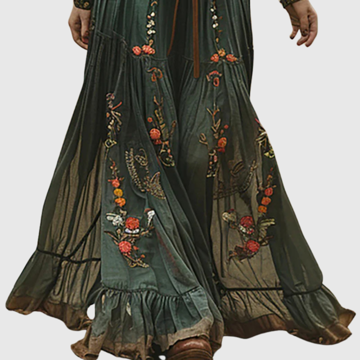 Alina Soleil | Embroidered V-Neck Long-Sleeve Boho Maxi Dress for Women
