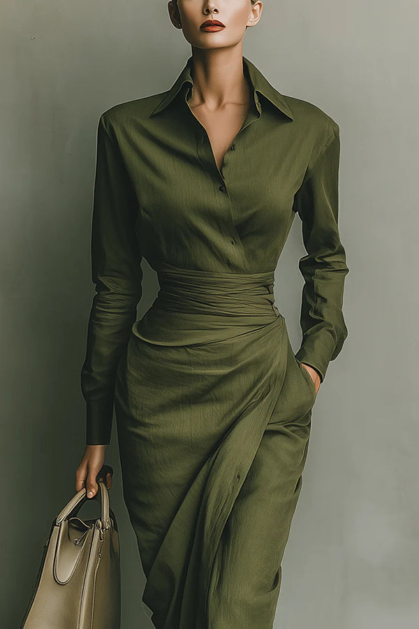 Meliora | Collared Button-Front Draped-Waist Midi Dress for Women