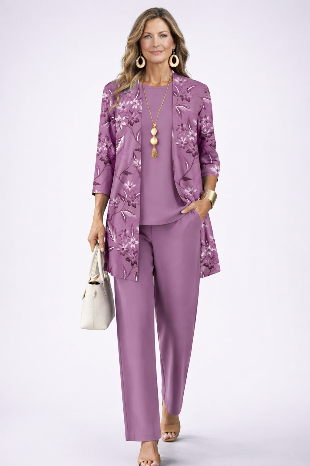 Bennett and Lowe Margot floral cardigan top and wide-leg pants three-piece women's set, featuring colorful floral patterns and comfortable fit.