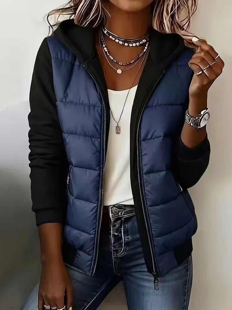 Bennett and Lowe Kinsley hooded color-block puffer jacket with quilted design and contrasting panels