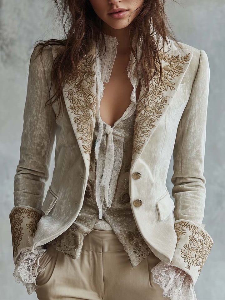 Darlene embroidered tailored blazer by Bennett and Lowe, long sleeve blazer with intricate embroidery and structured fit.