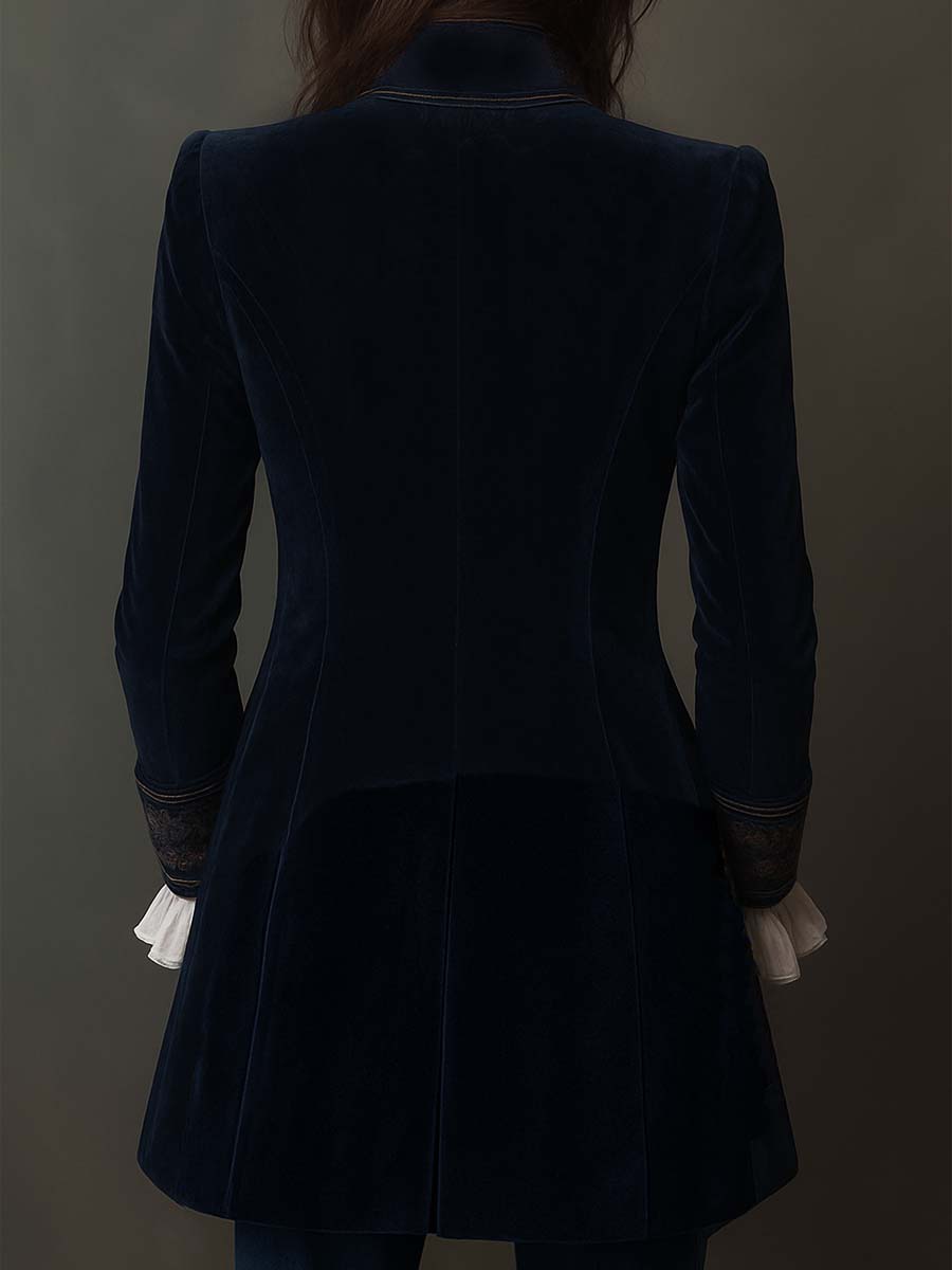 Embroidered longline blazer by Bennett and Lowe featuring tailored fit and detailed embroidery, styled on a model.