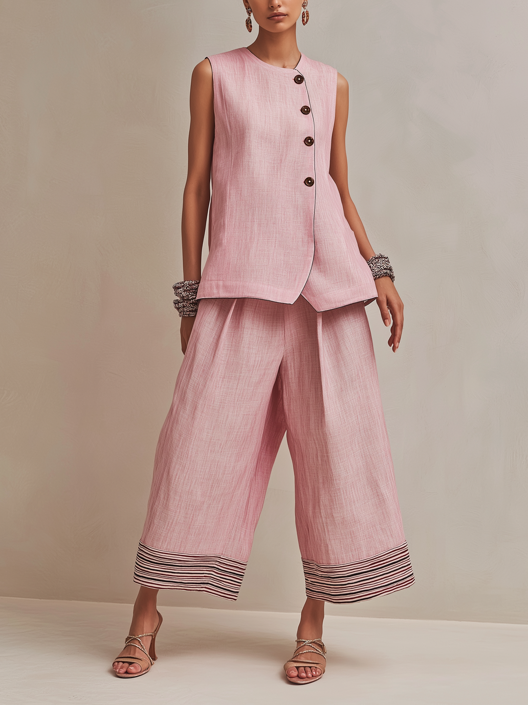 Elodie linen-blend vest and culotte set for women by Bennett and Lowe, featuring stylish, lightweight fabric in neutral tones.
